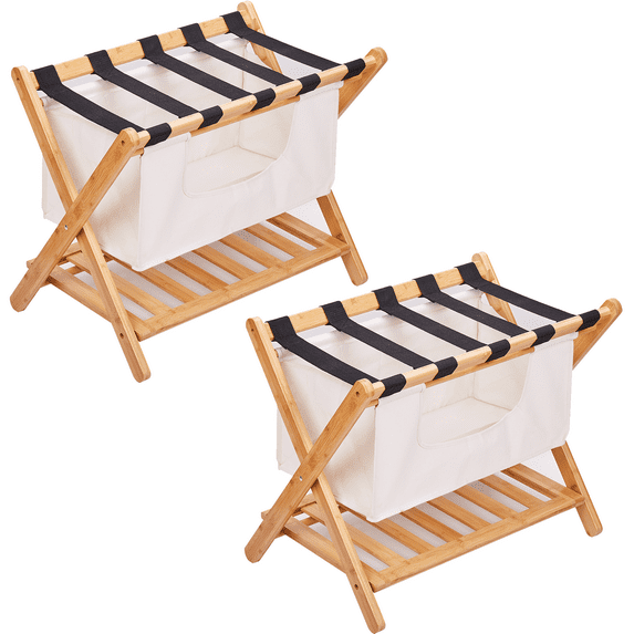 Set of 2 Luggage Rack for Guest Room with Laundry Bag, Foldable Suitcase Stand with Storage Shelf, Luggage Stand Natural Bamboo Luggage Holder for Hotel,No Assembly Required,26.7 x 22.5 x 16.9 in