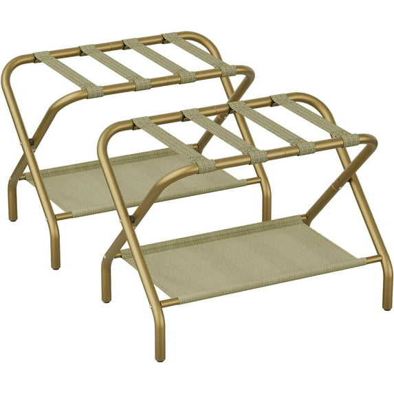 Set of 2 Luggage Racks for Guest Room, Gold Folding Suitcase Stand with Fabric Shelf, Steel Portable Luggage Stand Bedroom, Hotel, Easy Assembly, Hold up to 110 lb, Bronze
