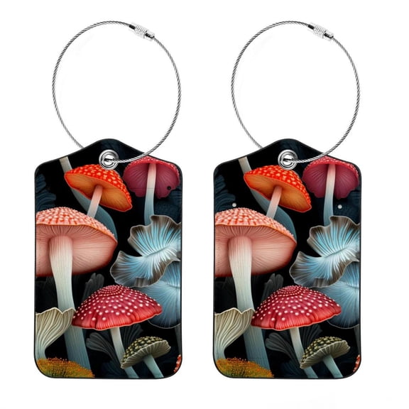 Set of 2 Luggage Tag for Suitcase, Unique Leather Baggage Tags Identifiers Privacy Cover Id Label with Stainless Steel Loop for Women Men Kids Girls, Mushroom