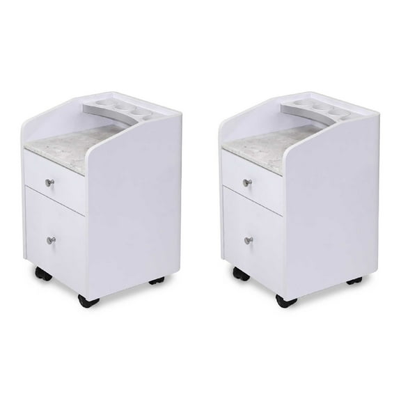 Set of 2 MAYAKOBA Sonoma Rolling Pedicure Trolley Manicure Storage Cart for Pedicure Spa, Nail Salon Furniture & Equipment, Marble Top, Luxe White/Silver Accents