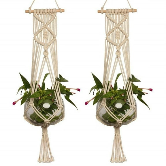 Set of 2 Macrame Plant Hanger with Wooden Dowel Wall Hanging Planter Basket for Indoor Outdoor Flower Pot Plant Holder Wall Art Vintage Home Boho Decor,Cotton Rope Weaving,4 Legs 28 inch