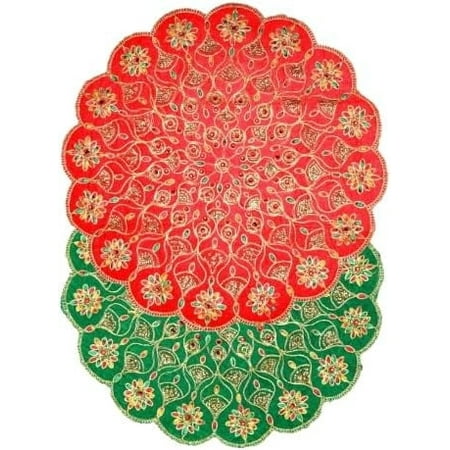 Set of 2 Mat Aasan Round Velvet Pooja Cloth Mat Aasan Decorative Cloth Sequence Work Indian Traditional Multipurpose Pooja Festival New year Gifts Decorations Item Article (Size:-11"X11")(Red,Green)