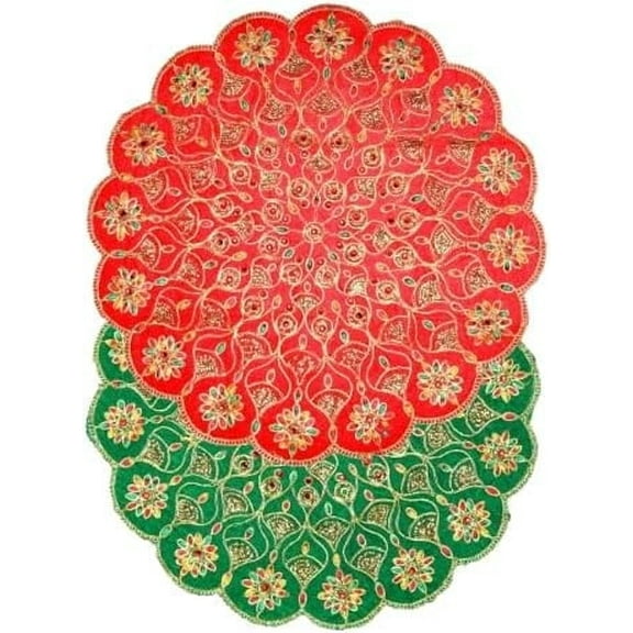 Set of 2 Mat Aasan Round Velvet Pooja Cloth Mat Aasan Decorative Cloth Sequence Work Indian Traditional Multipurpose Pooja Festival New year Gifts Decorations Item Article (Size:-11"X11")(Red,Green)
