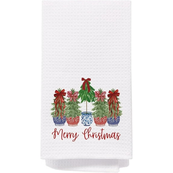 Set of 2 Merry Chinoiserie Christmas Kitchen Towels, Sage Green Porcelain Tree Hand Towels for Bathroom, Bow Dish Towels, Kitchen Bathroom Decor, 16x24 Inch