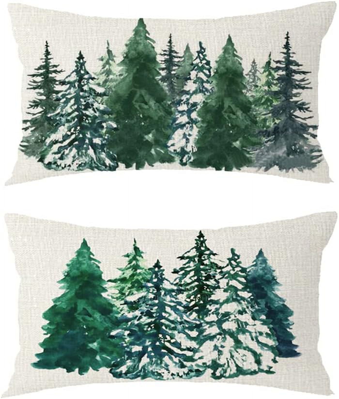 Set of 2 Merry Christmas Trees Cedar Pine Watercolor Painting for Holiday Lumbar Decorative Throw Pillow Cover Cushion Case Cotton Linen for Bed Sofa Holiday Outdoor 12x20inches