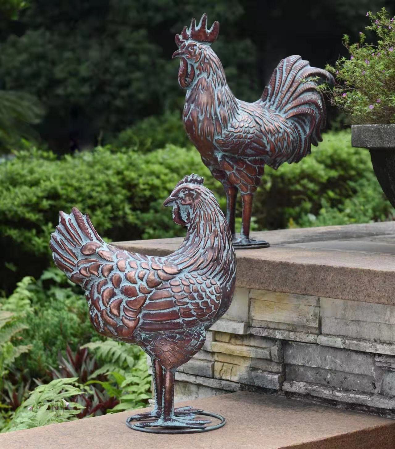 Set of 2 Metal Chicken Decor,Garden Rooster & Hen Sculptures for ...