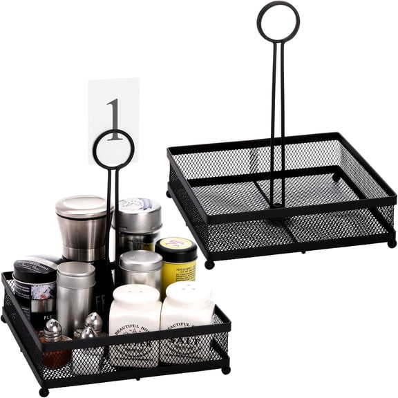 Set of 2 Metal Condiment Caddy, Square Table Caddy Collection with Number Card Holder, Black Tabletop Seasoning Spice Organizer for Grill Outdoors, Restaurant, Kitchen Cabinet