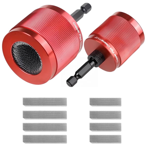 Set of 2 Metal Copper Pipe Brush Cleaning Tools 3/4 Inch 1/2 Inch Removable 1/4 Hex Handle with Extra 8 Replaceable Blades for Cleaning Rust, Stains and Paint on Copper Pipes.