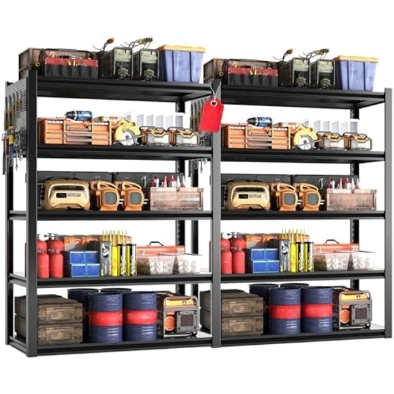 Set of 2 Metal Garage Shelving Unit with Pegboard, Heavy Duty 5-Tier Adjustable Industrial Storage Shelves, 5000 LBS Steel Storage Rack for Garage, Warehouse, Basement, 72"H x 47.2"W x 23.6"D, Black