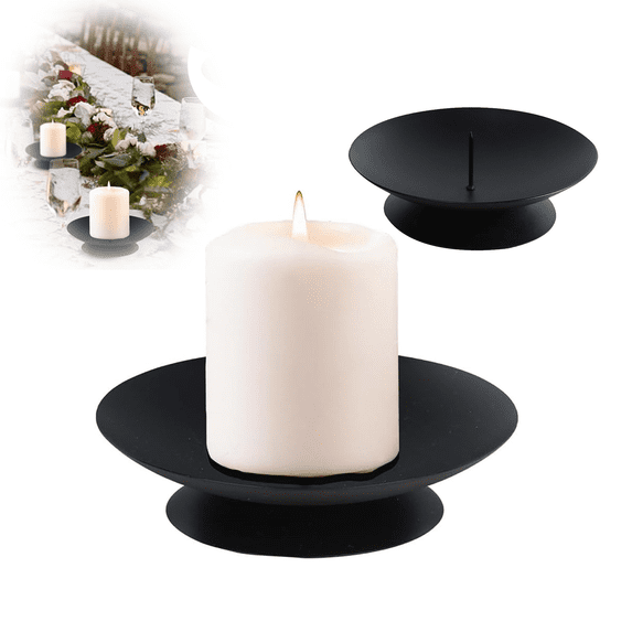 Set of 2 Metal Pillar Candle Holders, Iron Candle Plate Stands with Safety Spike, Decorative Small Candle Trays for Wedding Table Centerpiece, Holiday & Home Deco