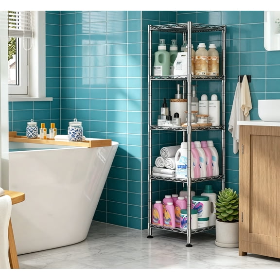 Set of 2 Metal Shelving, 5-Tier Storage Shelves, Adjustable Shelving and Units Standing Shelving Storage Rack, Narrow Shelf for Kitchen, Pantry, Closet, Office, 12"W x 12"D x 49"H, Chrome