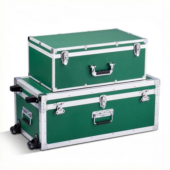 Set of 2 Metal Storage Trunks with Padlocks, Wooden Suitcase Storage Boxes, Large Trunk with Casters and 3 Metal Handles, Decorative Chest with Lids for Travel Apartment Dorm Green