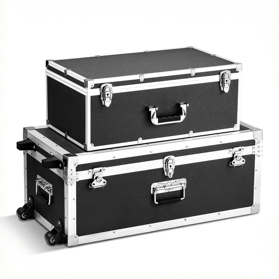 Set of 2 Metal Storage Trunks with Padlocks Wooden Suitcase Storage Boxes Large Trunk Includes Casters and 3 Metal Handles Decorative Store Chest with Lids for Travel Apartment Dorm Black