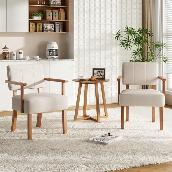 Set of 2 Mid Century Modern Accent Chairs, Beige Linen Fabric Armchairs with Vertical Tufted Back, Upholstered Reading Lounge Chair Set with Wood Frame for Living Room & Office