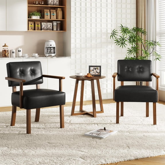 Set of 2 Mid Century Modern Accent Chairs, Black Faux Leather Armchairs with Button Tufted Back, Upholstered Lounge Chair Set with Wood Frame for Living Room & Office