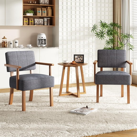 Set of 2 Mid Century Modern Accent Chairs, Grey Linen Fabric Armchairs with Vertical Tufted Back, Upholstered Reading Lounge Chair Set with Wood Frame for Living Room & Office