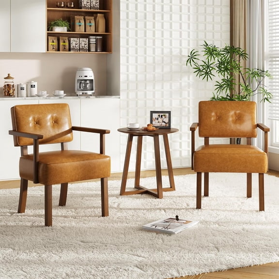Set of 2 Mid Century Modern Accent Chairs, Retro Brown Faux Leather Armchairs with Button Tufted Back, Upholstered Lounge Chair Set with Wood Frame for Living Room & Office