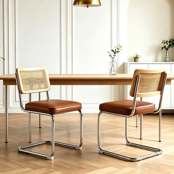 Set of 2 Mid‑Century Modern Cane Rattan Dining Side Chairs, Cantilever Chrome Metal Frame, Solid Wood Rattan Back, Faux Leather Padded Seat, Armless Accent Chairs for Kitchen, Dining Room, Cafe