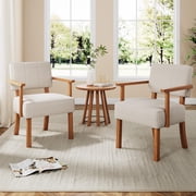 Set of 2 Mid-Century Modern Dining Chairs   Beige Linen Upholstered Armchairs, Wood Frame, Classic Vertical Stripe Design   Comfortable Lounge & Dining Seating for Living Room, Bedroom, Office, Balco