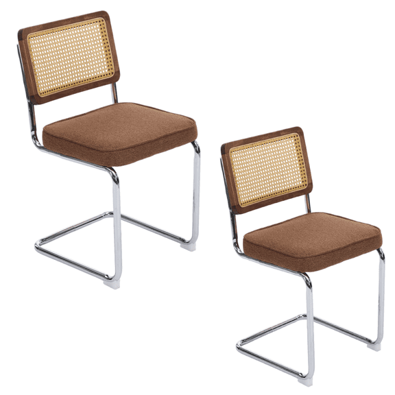 Set of 2 Mid Century Modern Dining Chairs, Velvet Accent Chairs with Natural Cane Back & Stainless Chrome Base, Famous Breuer Designed Chairs, Upholstered Rattan Kitchen Chairs (Coffee)