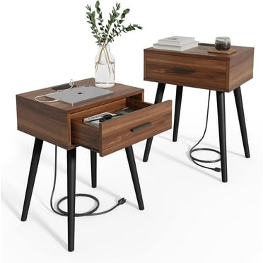 Set of 2 Mid Century Nightstand with Charging Station, End Table Modern Side Table One Drawer with Premium Matte Black Handle and Pine Wood Legs for Home Bedroom Living Room