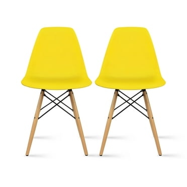 Set of 2 Mid Country Modern Molded Shell Designer Assemble Plastic Chair Side No Arms Wheels Armless Natural Wood Wooden Eiffel for Dining Room Bedroom Kitchen, Yellow