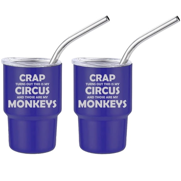 Set of 2 Mini Tumbler Shot Glasses 3oz Shot Glass With Straw and Lid Stainless Steel Gift My Circus Monkeys Funny For Mom Dad Mother Father New Parent (Blue)