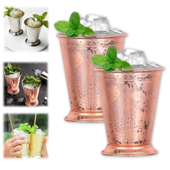 Set of 2 Mint Julep Drinking Cups, 12oz Stainless Steel Silver Glasses with Beaded Trim, Durable for Outdoor Camping, Racing Party, Restaurant & Bar Use