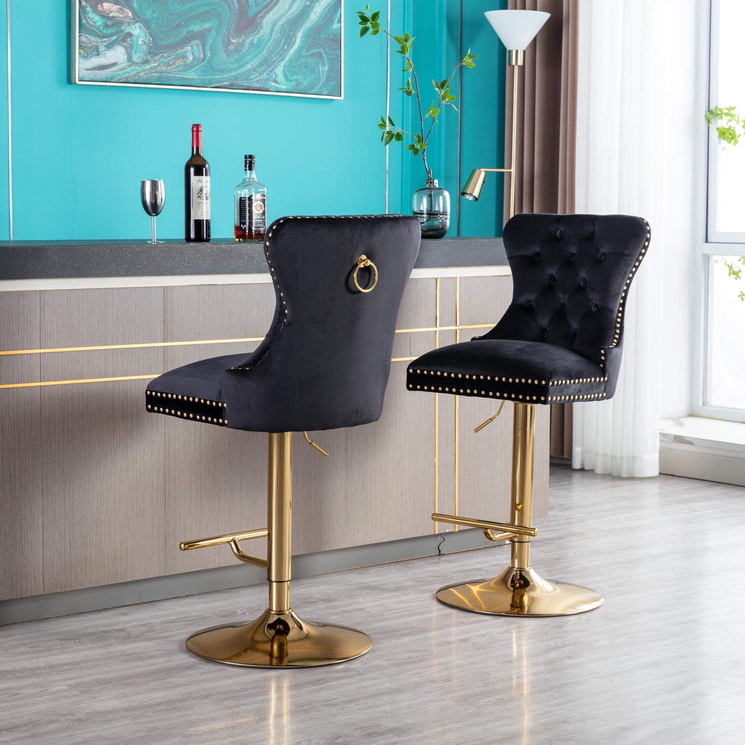Set of 2 Modern Adjustable Velvet Upholstered Swivel Bar Stools with