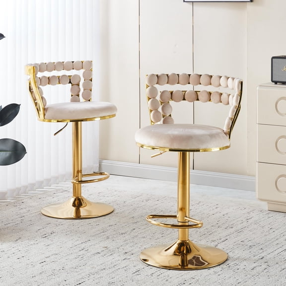 Set of 2 Modern Bar Chair with Golden Color Iron Tube Legs, Soft Cushions and Comfortable Backrest, Suitable for Dining Room, Living Room, Cafe, Bar Stool (Beige)