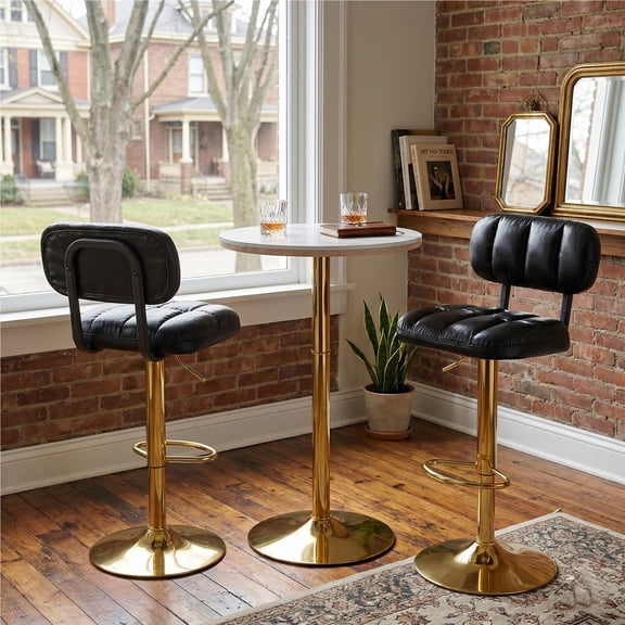 Set of 2 Modern Bar Stools with Adjustable Height, Black PU Leather Upholstered Stools with Gold Metal Base & Footrest for Kitchen Island, Home Bar, Game Room