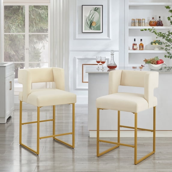 Set of 2 Modern Counter Height Bar Stools, 26 Inch Velvet Upholstered Bar Stools with Square Open Backrest, Counter Chairs Barstools with Gold Metal Frame for Kitchen Island, Cream