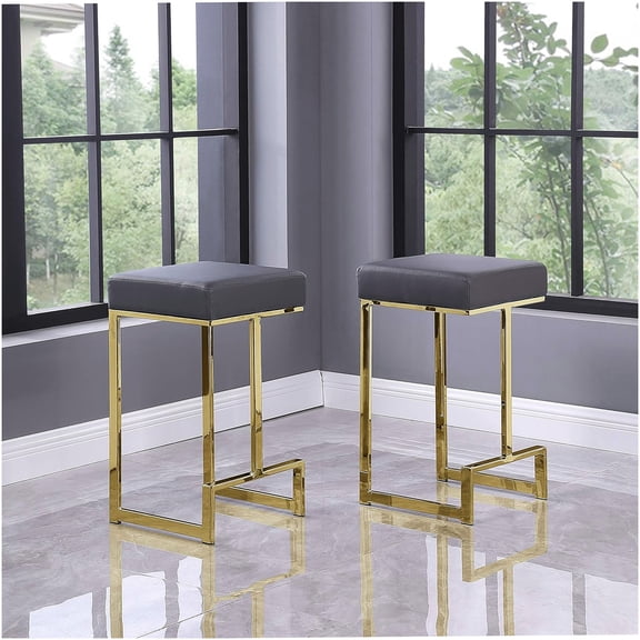 Set of 2 Modern Counter Height Bar Stools, Gray Faux Leather Seat with Brushed Gold Metal Base, Backless Stools for Kitchen Island, Dining & Home Decor