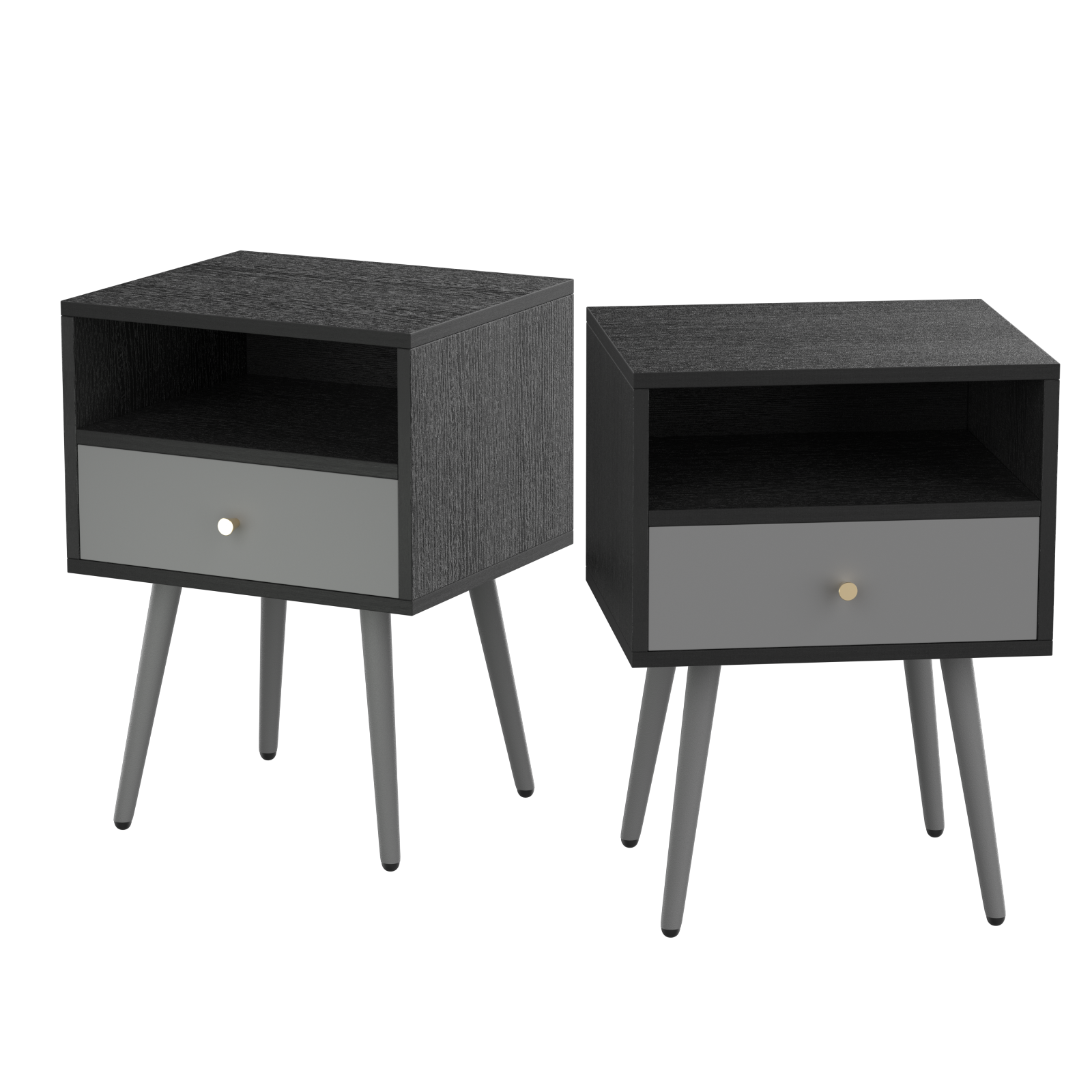 Set of 2 Modern Dark Grey Bedside Tables with Storage Drawer, Solid