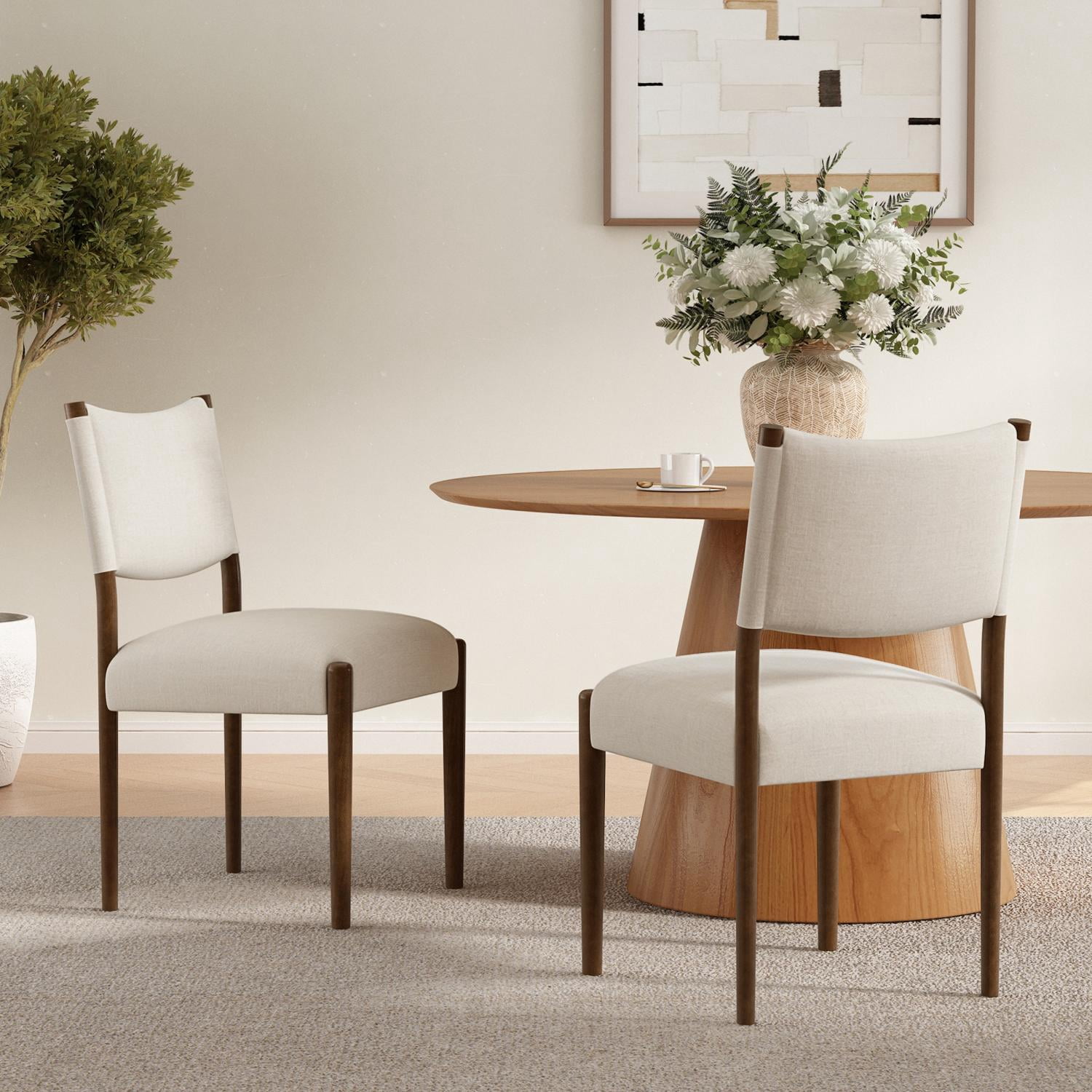 Set of 2 Modern Dining Chair, Kitchen Chair with 5.12 Inch Thick Seat Cushion and Solid Rubber Wood Legs, Upholstered Fabric Chair for Home Bar Restaurant Dining Room, Walnut Beige