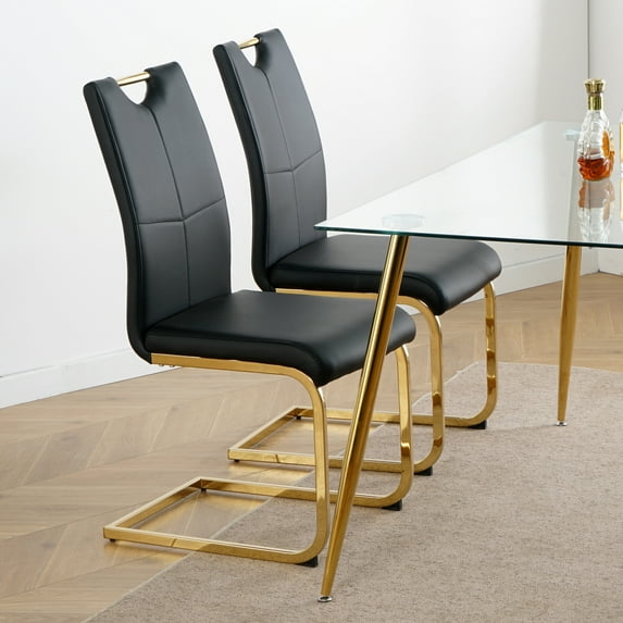 Set of 2 Modern Dining Chairs with Faux Leather Padded Seat and Golden Metal Legs, Upholstered Dining Living Room Chairs with Non-slip Pads for Kitchen, Living, Bedroom and Dining Room, Black