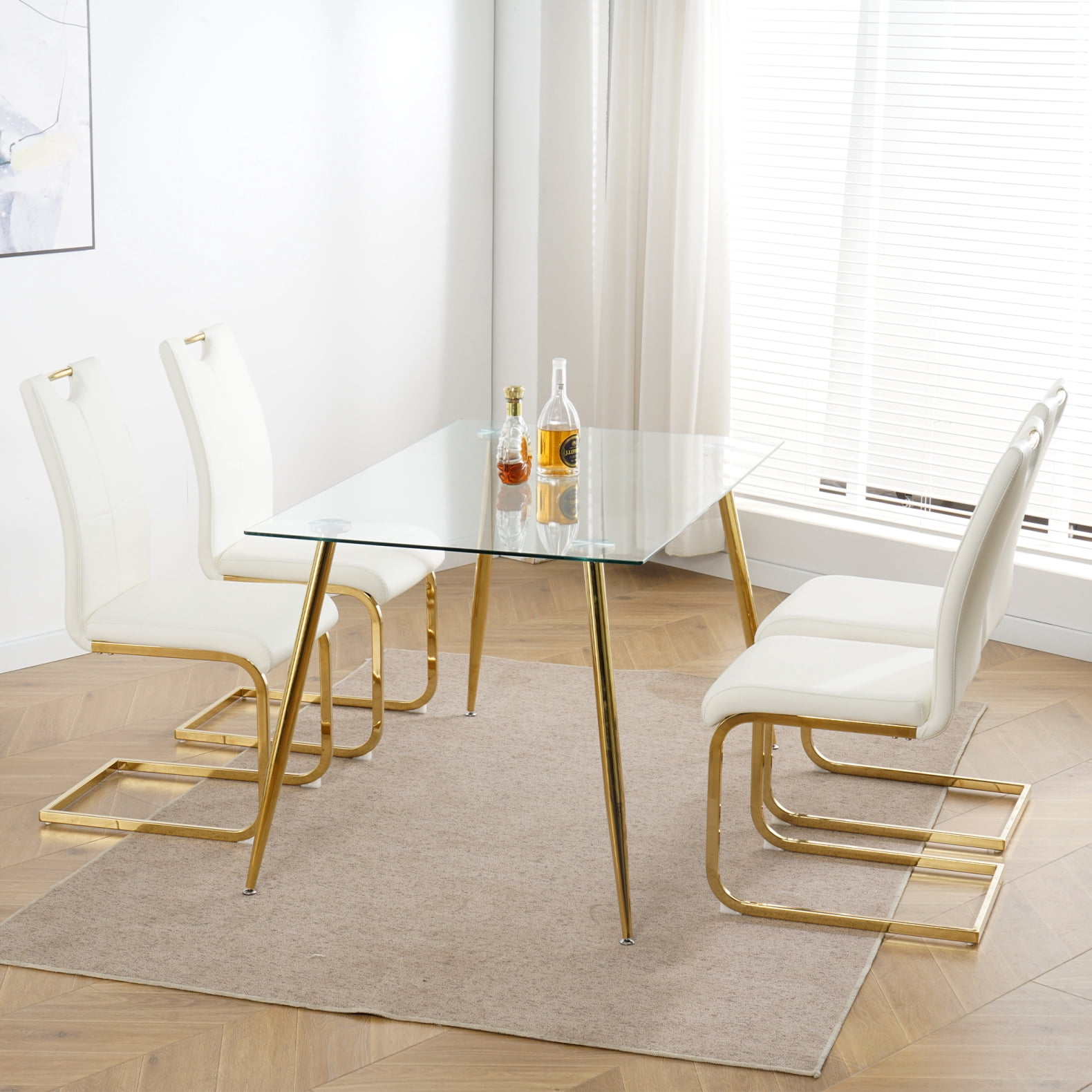 Set of 2 Modern Dining Chairs with Faux Leather Padded Seat and Golden ...