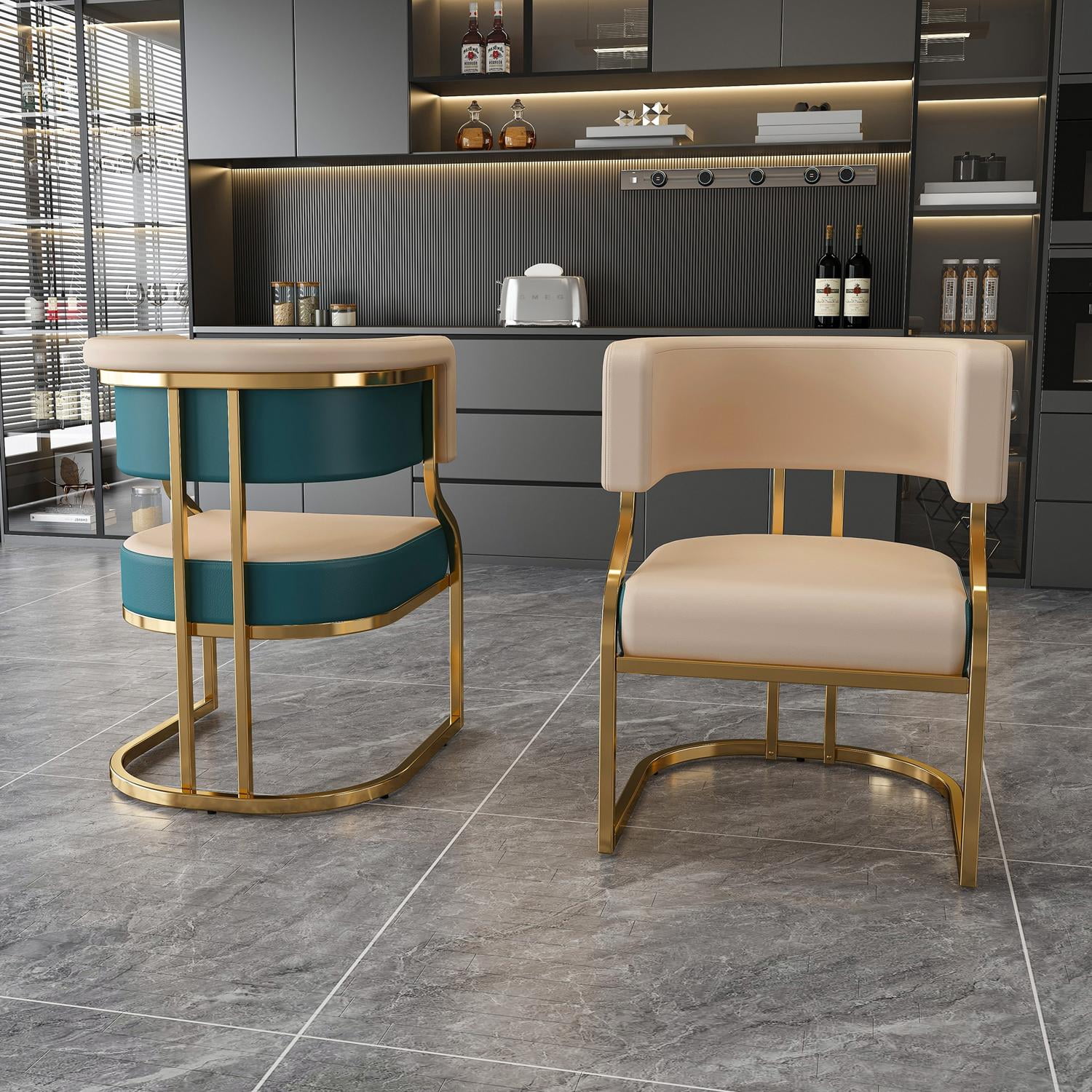Set of 2 Modern Dining Chairs with Gold Plated Iron Frame, PU Upholstered Accent Chairs, Ergonomic Curved Back Armless for Kitchen, Dining Room, Apartment, Blue