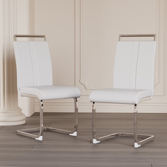 Set of 2 Modern Dining Chairs, PU Faux Leather High Back Upholstered Side Chair with C-shaped Tube plating Metal Legs for Dining Room Kitchen Vanity Patio Club Guest Office Chair (White)