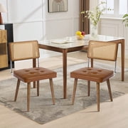 Modern Dining Chairs Set of 2, PU Upholstered Seat and Woven Rattan Back Side Chairs with Wood Legs, Chic Accent Chairs for Kitchen, Dining Nook, Breakfast Area