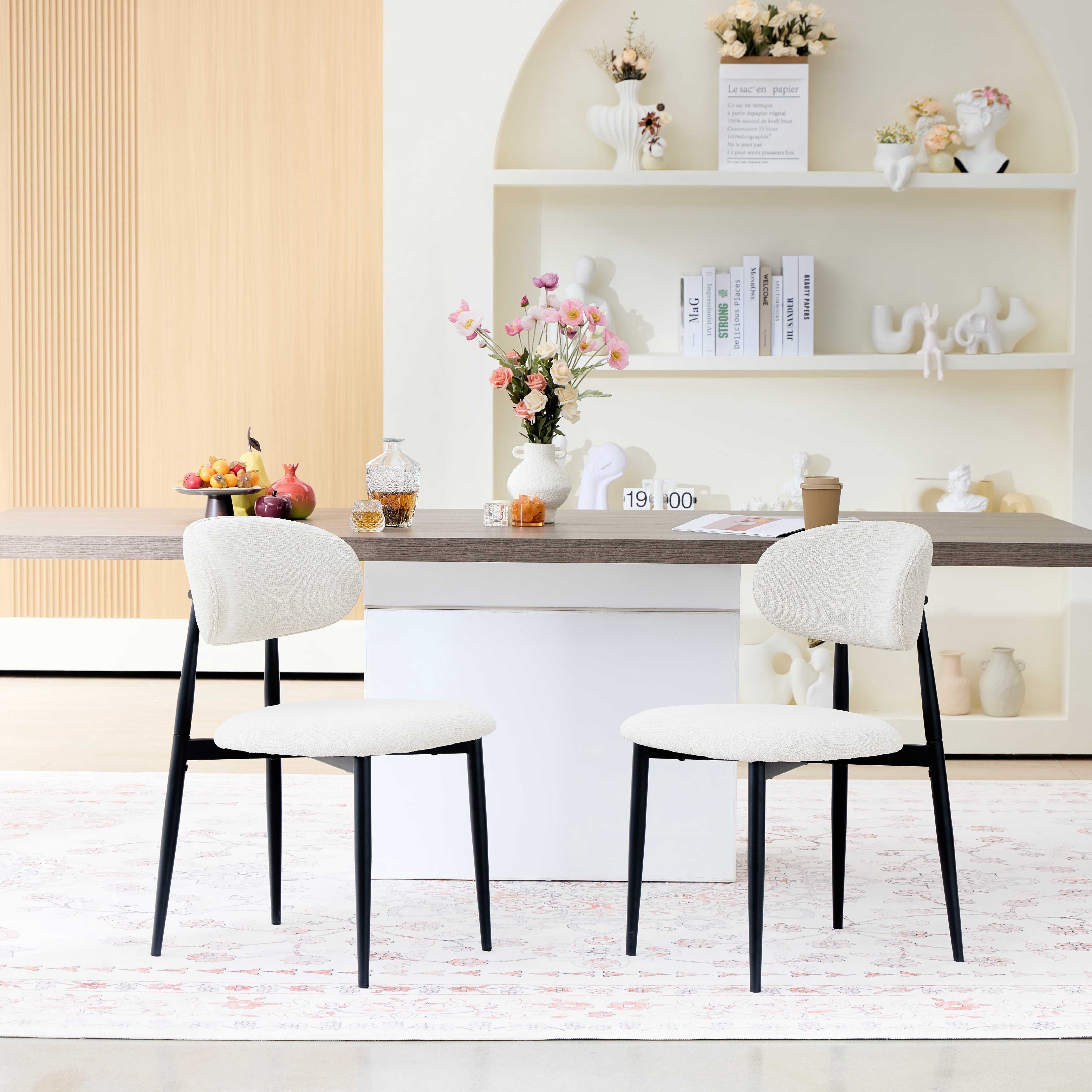 Set of 2 Modern Fabric Dining Chairs, Beige Upholstered Side Chairs with Matte Black Metal Legs, 320LBS Capacity Ergonomic Kitchen Chairs for Dining Room Living Room Cafe