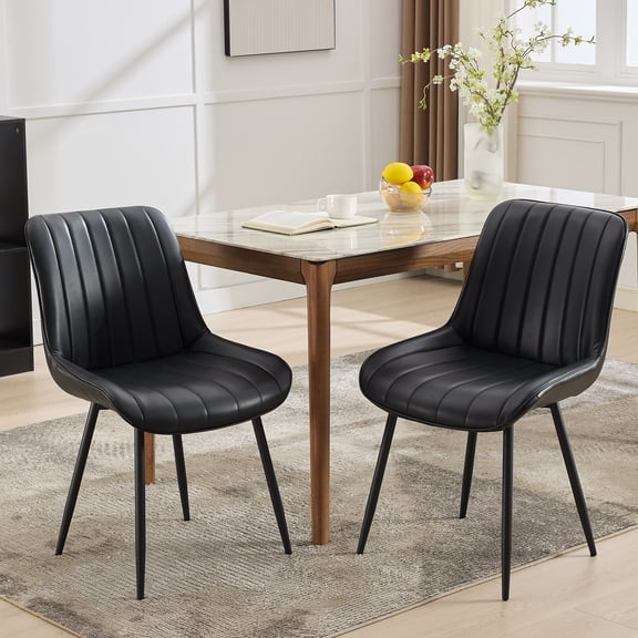 Set of 2 Modern Faux Leather Dining Chairs Mid-Century Upholstered Seat, Comfortable Backrest & Strong Metal Legs Perfect for Kitchen, Dining, Commercial Black, Leather