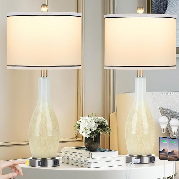 Set of 2 Modern Glass Table Lamp, 27" Bedside Lamps with USB A+C Ports & AC Outlet, Touch Control Nightstand Desk Lamp with 3-Way Dimmable Night Light for Living Room Bedroom Decor(LED Bulbs Included)