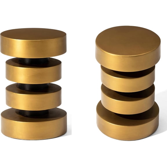 Set of 2 Modern Industrial 12 Dia Round Side Tables in Antique Gold Black, Floating Disks Accent Stools End Tables for Living Room Bedroom Entryway and Small Spaces