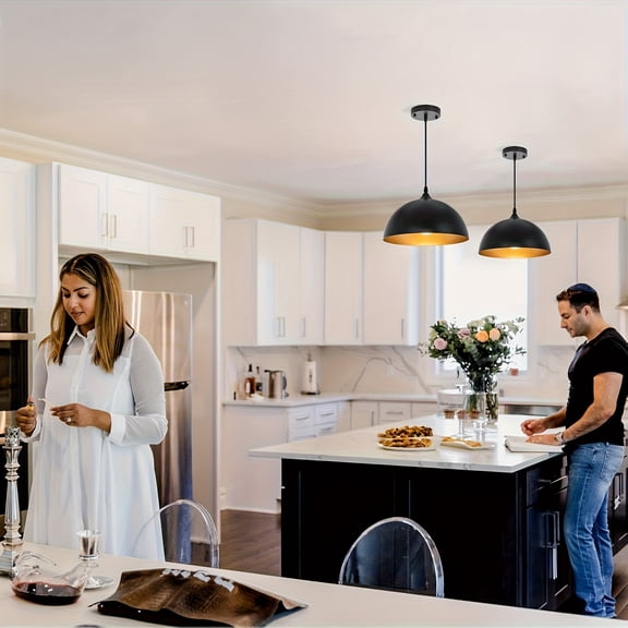 Set of 2 Modern Industrial Dome Pendant Lights in Black and Gold Finish, 12-Inch Semi-Flush Ceiling Fixtures for Kitchen Island, Dining Room, and Entryway