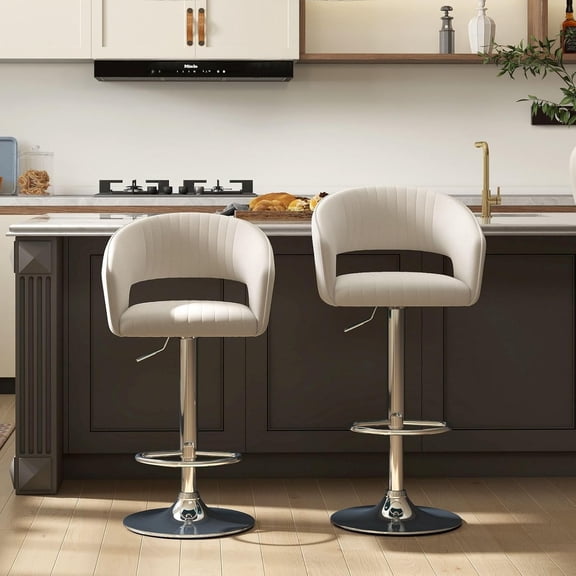 Set of 2 Modern Kitchen Bar Chairs with Silver Base, Adjustable Swivel Bar Stools with Back and Footrest, Velvet Counter Height Stools for Kitchen Island, Home Bar, Living Room-White