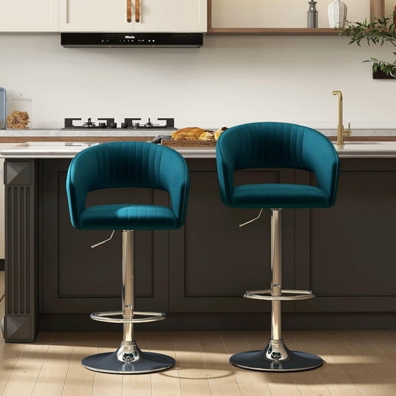 Set of 2 Modern Kitchen Bar Chairs with Silver Base, Adjustable Swivel Bar Stools with Back and Footrest, Velvet Counter Height Stools for Kitchen Island, Home Bar, Living Room-Teal