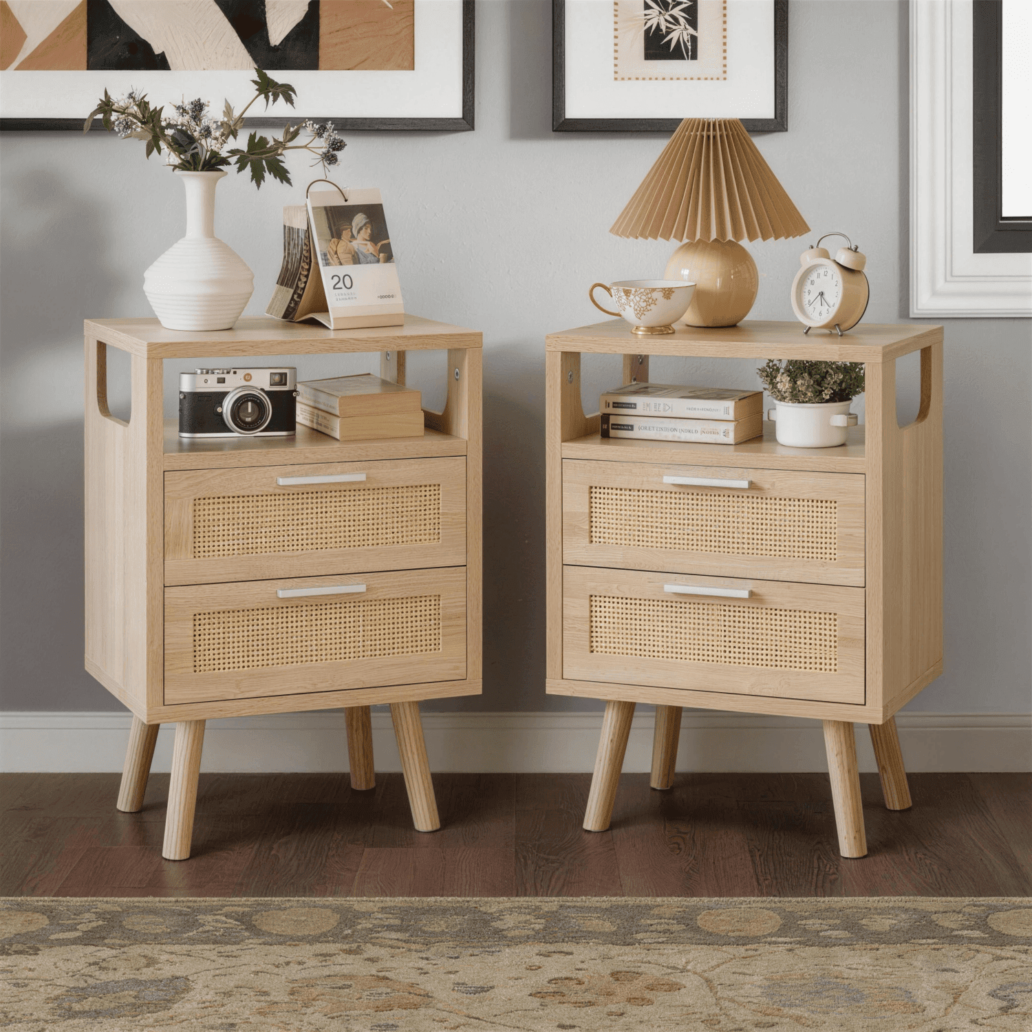 Set of 2 Modern Natural Wood Nightstands with 2 Drawers Each, Rattan Design Bedside End Tables with Black Gold Handles, P2 HDF Storage Nightstand for Bedroom Guest Room