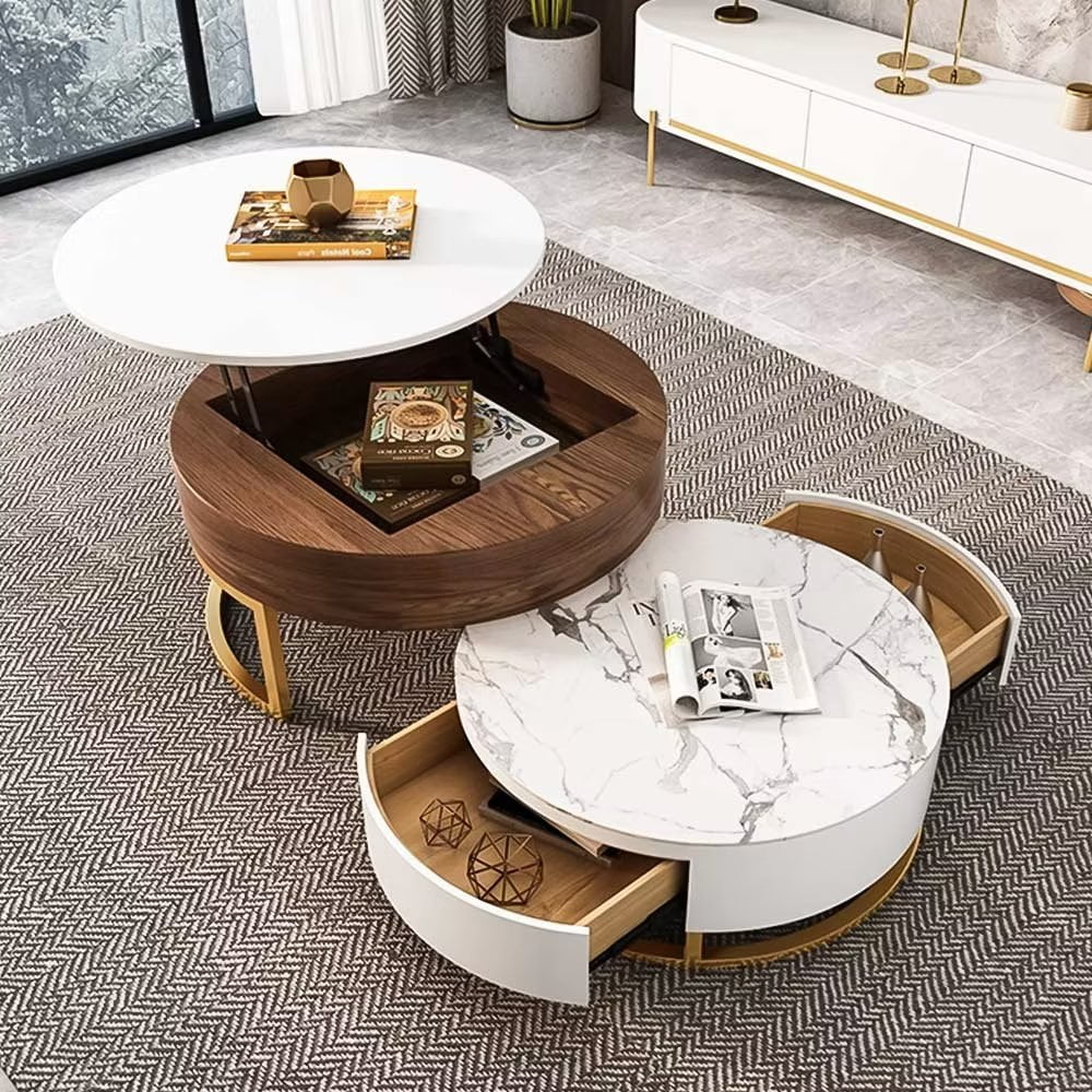 Set of 2 Round Nesting Coffee Table Set with Sintered Stone Top, Lift ...