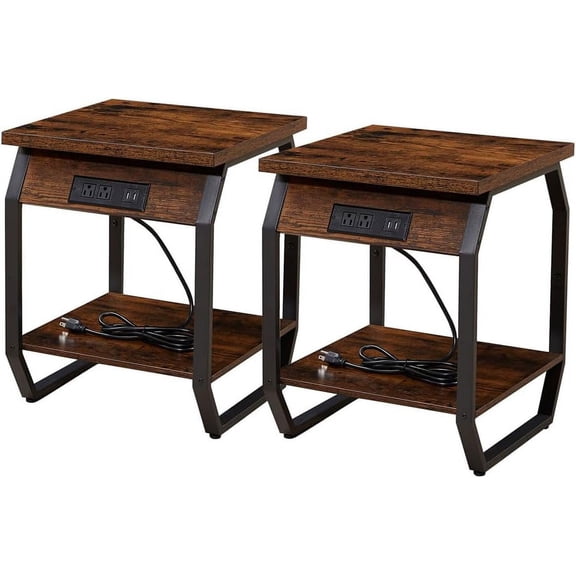 Set of 2 Modern Side Table with Charging Station - End Tables with USB Ports and Sockets, Bedside Tables in Living Room, Bedroom,Rustic Brown,17.32w x 17.32d x 21.65h